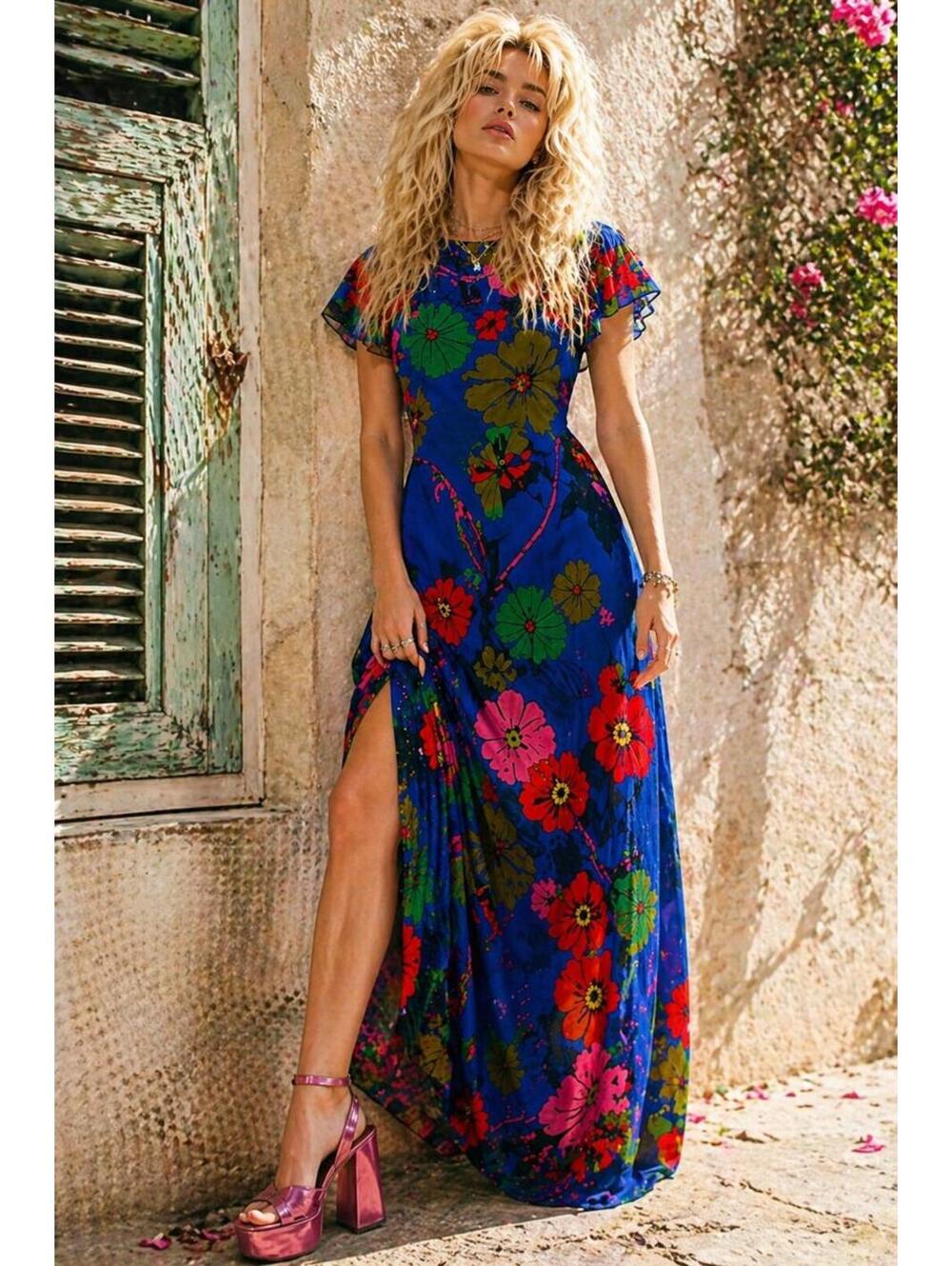Vintage French Floral Maxi Dress Blue 70s Fairycore